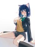  1girl :q absurdres animal_ear_fluff animal_ears black_jacket black_skirt black_socks blazer blue_eyes blue_hair bob_cut bow bowtie breasts cat_ears ciel_(tsukihime) closed_mouth collared_shirt commentary deko_morii dress_shirt english_commentary glasses green_bow green_bowtie hand_on_ground hand_on_own_chest heart highres jacket kemonomimi_mode kneehighs licking_lips long_sleeves looking_at_viewer looking_to_the_side medium_breasts miniskirt naoetsu_high_school_uniform on_ground one_eye_closed open_clothes open_jacket pleated_skirt raised_eyebrows red-framed_eyewear school_uniform semi-rimless_eyewear shirt short_hair simple_background sitting skirt smile socks solo spoken_heart sweater_vest tongue tongue_out tsukihime under-rim_eyewear wariza white_background white_shirt yellow_sweater_vest 