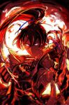  1boy black_hair duel_monster fire floating_hair glowing glowing_eyes hand_up high_ponytail highres jacket kashtira_riseheart kurohibi male_focus open_clothes open_jacket orange_hair popped_collar red_theme sketch solo violet_eyes yu-gi-oh! 