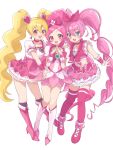 3girls :d absurdres black_socks blonde_hair blue_eyes blush boots bow bow_hairband choker commentary crossover cure_blossom cure_melody cure_peach curly_hair detached_sleeves dot_nose dress dress_bow earrings flower_earrings footwear_bow forehead fresh_precure! frilled_dress frilled_sleeves frills full_body hair_between_eyes hair_bow hair_ornament hairband hanasaki_tsubomi hand_on_another&#039;s_shoulder happy heart heart_earrings heart_hair_ornament heartcatch_precure! high_heels high_ponytail highres houjou_hibiki in-franchise_crossover jewelry layered_dress layered_skirt long_hair looking_at_viewer midriff momozono_love multiple_girls nemuiyoo00 open_mouth own_hands_together pink_bow pink_choker pink_dress pink_eyes pink_footwear pink_shirt pink_skirt pink_thighhighs precure puffy_short_sleeves puffy_sleeves raised_eyebrows shirt shoes short_dress short_sleeves simple_background skirt smile socks standing steepled_fingers straight_hair suite_precure symbol-only_commentary thigh-highs tsurime twintails very_long_hair white_background white_footwear white_skirt wrist_cuffs zettai_ryouiki