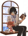  1boy 1girl :3 belt black_hair black_jack_(character) black_jack_(series) black_pants blue_ribbon book bow brown_belt brown_eyes brown_hair child dress hair_bow hair_over_one_eye highres holding holding_book long_sleeves looking_at_another looking_at_viewer multicolored_hair multiple_hair_bows oldkin pants pink_dress pinoko ribbon shirt short_hair sitting sleeping sleeping_upright split-color_hair stitched_arm stitched_face stitches white_footwear white_hair white_shirt window windowsill 