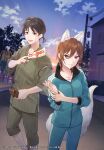  1boy 1girl :d animal_ears between_fingers black_hair blue_jacket blue_pants blue_track_suit brown_hair closed_mouth clouds cover cover_page cowboy_shot expressionless feet_out_of_frame fox_ears fox_girl fox_tail gradient_sky green_shirt green_shorts hair_between_eyes highres holding holding_own_wrist holding_wallet house jacket jinbei_(clothes) long_sleeves looking_at_viewer low_ponytail masami_(souzou_jinsei_sanka) novel_cover official_art okami_musume_no_makikomare_ayakashi_harai outdoors pants parted_bangs playground power_lines road shirt short_hair shorts sky smile standing street sunset tail talisman track_jacket track_pants track_suit tree utility_pole v-shaped_eyebrows wallet white_shirt yellow_eyes 