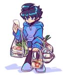  1boy bag black_hair black_thighhighs blue_eyes blue_hoodie blue_shorts closed_mouth expressionless full_body highres holding holding_paper hood hoodie humanoid_robot laser-lance long_sleeves mega_man_(character) mega_man_(classic) mega_man_(series) paper robot shopping_bag short_hair shorts simple_background solo thigh-highs white_background 