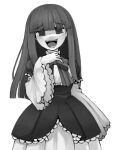  1girl bow commentary dress empty_eyes english_commentary frederica_bernkastel frilled_dress frilled_sleeves frills greyscale hime_cut long_bangs mafurara microsoft_paint_(medium) monochrome open_mouth sleeves_past_wrists smile solo umineko_no_naku_koro_ni wide_sleeves 