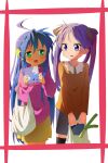  2girls :3 :d absurdres ahoge bag black_bow blue_hair blush book bow casual chinese_commentary commentary cowboy_shot friends green_eyes hair_between_eyes hair_bow highres hiiragi_kagami holding holding_bag holding_book izumi_konata long_hair looking_at_another lucky_star mogege_gk mole mole_under_eye multiple_girls open_mouth orange_shirt parted_bangs pink_sweater shirt shopping_bag side-by-side sidelocks simple_background smile smug sparkle standing sweater twintails v-shaped_eyebrows very_long_hair violet_eyes white_background 