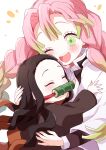  2girls absurdres bit_gag black_hair blush braid buchi_(y0u0ri_) closed_eyes collared_shirt fingernails gag green_eyes green_hair highres hug kamado_nezuko kanroji_mitsuri kimetsu_no_yaiba long_fingernails long_hair long_sleeves mole mole_under_eye multicolored_hair multiple_girls nail_polish one_eye_closed open_mouth pink_hair redhead shirt smile twin_braids wavy_hair 