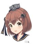  anchor_symbol black_sailor_collar brown_eyes brown_hair cropped_torso headgear highres jiji_(aardvark)_(style) kantai_collection looking_at_viewer open_mouth parody ribbon sailor_collar short_hair simple_background smile speaking_tube_headset style_parody upper_body white_background yuki_4040 yukikaze_(kancolle) yukikaze_kai_ni_(kancolle) 