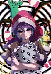  1girl akatsuki_records black_capelet blue_eyes blue_hair capelet dated doremy_sweet hair_between_eyes hat highres holding holding_pillow looking_at_viewer nightcap noumin_joemanyodw open_mouth pillow red_headwear short_hair signature smile this_man touhou uniform 