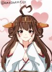  1girl ahoge ame-rain brown_hair detached_sleeves double_bun hair_bun hairband hands_on_own_face heart heart_ahoge heart_background highres kantai_collection kongou_(kancolle) long_hair looking_at_viewer nontraditional_miko one-hour_drawing_challenge ribbon-trimmed_sleeves ribbon_trim smile solo 