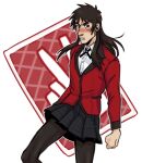  1boy black_hair black_pantyhose black_ribbon black_skirt blazer blush buttons card clenched_hand collared_shirt commentary cross_tie crossdressing english_commentary feet_out_of_frame hyakkaou_academy_school_uniform itou_kaiji jacket kaiji kakegurui lollydoom long_hair long_sleeves looking_at_viewer male_focus neck_ribbon nose_blush pantyhose parted_lips playing_card pleated_skirt pointy_nose red_jacket ribbon scar scar_on_cheek scar_on_face school_uniform shirt short_bangs skirt solo standing white_background white_shirt 