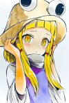  1girl blonde_hair blush hair_ribbon hands_on_headwear hat highres looking_at_viewer moriya_suwako purple_vest red_ribbon ribbon shirt solo touhou turtleneck upper_body vest white_background white_shirt wide_sleeves yellow_eyes yuzugoori 