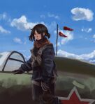  1girl aircraft airplane androgynous black_hair blue_jacket blue_sky blush career_mammoth chest_harness clouds cloudy_sky cockpit flag flagpole fur_collar glass_cockpit gloves grey_eyes harness hearts_of_iron highres jacket messy_hair military_vehicle oil_painting_(medium) open_cockpit painting_(medium) pilot pilot_uniform red_flag red_star short_hair sky solo soviet soviet_air_force star_(symbol) traditional_media 