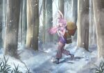  1girl absurdres backpack bag bare_tree black_bridal_gauntlets black_socks breath bush cattleya_(a_yel_ttac) commentary_request day forbidden_scrollery forest full_body grass hat highres long_hair looking_afar medicine_box medium_bangs nature open_mouth outdoors pants pink_pants pink_shirt purple_hair purple_vest red_eyes reisen_udongein_inaba rice_hat shirt snow snowing socks solo touhou tree unworn_hat unworn_headwear vest walking winter zouri 