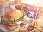  1girl aru_(blue_archive) black_skirt blue_archive breasts brown_coat brown_horns burger closed_mouth coat coat_on_shoulders cola collared_shirt demon_horns food french_fries fried_egg fur-trimmed_coat fur_trim fuyu_no_usagi highres horns ice large_breasts long_hair long_sleeves mini_person minigirl neck_ribbon pencil_skirt red_ribbon redhead ribbon shirt skirt smile solo white_shirt yellow_eyes 