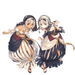  2girls bracelet brown_eyes dark-skinned_female dark_skin dress earrings expressionless full_body hairband highres jewelry multiple_girls navel off-shoulder_shirt off_shoulder official_art sandals saraana shirt short_hair siblings sisters toenails toes twins uruuru utawarerumono utawarerumono:_lost_flag white_hair 