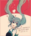  1girl blue_eyes blue_hair blush collared_shirt dated detached_sleeves floating_hair hand_on_own_chest happy_birthday hatsune_miku long_hair long_sleeves looking_at_viewer necktie open_mouth ponponzutea shirt sleeveless sleeveless_shirt sleeves_past_wrists smile solo twintails very_long_hair vocaloid 