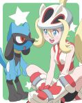  1girl bare_shoulders blonde_hair blue_eyes crossed_legs dress gensei00 hair_between_eyes helmet highres korrina_(pokemon) long_hair looking_at_another open_mouth pokemon pokemon_(creature) pokemon_xy ponytail riolu roller_skates sitting skates star_(symbol) white_dress 