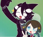  1boy 1girl ambiguous_gender androgynous black_eyes black_gloves black_hair black_suit blue_eyes blush cellphone colored_skin commission crossover crying crying_with_eyes_open fins funamusea_(artist) ghost gloves green_background holding holding_phone indie_virtual_youtuber mizukichy mole mole_under_eye multicolored_hair necktie official_art one_eye_closed oounabara_to_wadanohara open_mouth orca_boy outline phone ponytail red_necktie selfie short_hair skeb_commission smartphone sparkle suit tears two-tone_hair v white_hair white_outline white_skin 