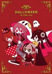  4girls bags_under_eyes basket black_dress black_eyes black_hair bow bowtie braid bright_pupils brown_hair candla_(funamusea) candy colored_skin cover cover_page crea_flankenstein dj_met dress english_text food funamusea funamusea_(artist) ghost ghost_costume green_pupils hair_ornament halloween hat holding holding_basket holding_candy holding_food holding_lollipop holding_pumpkin holding_vegetable jack-o&#039;-lantern jacket kumori_(funamusea) lollipop long_hair multicolored_hair multiple_girls nail_polish neck_ribbon necktie official_art pink_hair polka_dot polka_dot_dress polka_dot_headwear pumpkin red_background red_bow red_eyes red_nails red_necktie red_ribbon redhead ribbon shoes short_hair striped striped_thighhighs sutare_yume thigh-highs vegetable white_pupils white_skin 