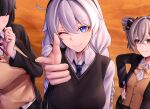  3girls absurdres black_hair blue_eyes braid bronya_zaychik closed_mouth drill_hair finger_gun grey_eyes grey_hair highres honkai_(series) honkai_impact_3rd kiana_kaslana looking_at_viewer multiple_girls one_eye_closed pyeong-il_pyeongil raiden_mei school_uniform smile sunset twin_braids white_hair 