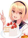  1girl blonde_hair cake food fruit highres higurashi_no_naku_koro_ni houjou_satoko looking_at_viewer n3ek80_(artist) orange_eyes school_uniform shirt short_hair smile solo st._lucia_academy_school_uniform strawberry strawberry_shortcake strawberry_slice v white_shirt 