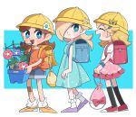  3girls :d ^_^ absurdres aged_down aqua_dress backpack bag bandaid bandaid_on_knee bandaid_on_leg black_socks blonde_hair blue_background blue_bag blue_eyes blue_flower blue_scrunchie blue_shorts blush bobby_socks bow bright_pupils brown_hair closed_eyes closed_mouth commentary_request crescent crescent_print denim denim_shorts dress eyelashes flower flower_pot frilled_skirt frills gerigimo_neo hair_ornament hair_over_one_eye hairclip hat highres holding holding_flower_pot kinchaku kneehighs long_hair looking_at_another loose_socks medium_hair morning_glory multiple_girls one_eye_covered open_mouth orange_bag orange_footwear orange_shirt parted_bangs pink_bag pink_bow pink_skirt plant pouch princess_daisy princess_peach profile puffy_short_sleeves puffy_sleeves purple_footwear randoseru red_flower red_footwear rosalina school_hat scrunchie shirt shoes short_sleeves shorts sideways_glance simple_background skirt sleeveless sleeveless_dress smile socks standing star_(symbol) star_print super_mario_bros. tied_shirt two-tone_background vines white_background white_pupils white_shirt white_socks wrist_scrunchie yellow_headwear 