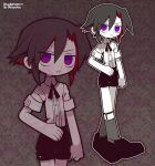  1boy aged_down artist_name black_hair black_ribbon black_shorts child closed_mouth colored_skin commission commissioner_name fumus_(funamusea) funamusea funamusea_(artist) grey_socks male_focus multicolored_hair official_art redhead ribbon shirt shoes short_sleeves shorts skeb_commission socks solo two-tone_hair violet_eyes white_shirt white_skin zoom_layer 
