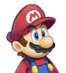  1boy blue_eyes blue_overalls brown_hair facial_hair hat mari_luijiroh mario mustache overalls red_headwear red_shirt shirt short_hair simple_background solo super_mario_bros. upper_body white_background 