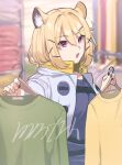  1girl animal_ear_fluff arknights black_nails blonde_hair holding holding_clothes indoors jacket looking_at_viewer memetaroh short_hair solo upper_body utage_(arknights) violet_eyes white_jacket 