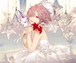  1girl ahegao ask_(askzy) bare_arms bare_shoulders dress fate/grand_order fate_(series) flower fou_(fate) hair_over_eyes hair_over_one_eye holding holding_flower lily_(flower) mash_kyrielight open_mouth red_flower ribbon sash simple_background solo_focus violet_eyes white_background white_dress white_ribbon white_sash wrist_ribbon 