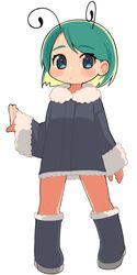  1girl alternate_costume antennae blue_eyes blush boots closed_mouth coat commentary expressionless flat_chest full_body fur-trimmed_boots fur_coat fur_trim green_hair grey_background grey_coat highres long_sleeves looking_at_viewer medium_bangs short_hair simple_background solo standing swept_bangs touhou ugif white_background wriggle_nightbug 