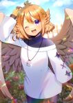  1girl ;d arm_up black_shirt blue_sky blurry blurry_background blush bottle brown_gloves brown_wings clouds cloudy_sky commentary_request commission day depth_of_field feathered_wings fence flower gloves hair_between_eyes head_wings kou_hiyoyo long_sleeves off-shoulder_shirt off_shoulder one_eye_closed orange_hair orange_wings original outdoors puffy_long_sleeves puffy_sleeves red_flower shirt skeb_commission sky smile solo teeth upper_teeth_only violet_eyes white_shirt wings yellow_gloves 