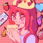  absurdres badeline blue_shirt cake cake_slice cassette_tape celeste_(video_game) crown eating feathers food fruit heart highres jam jellyfrog2812 madeline_(celeste) red_eyes redhead shirt sparkling_eyes strawberry transgender_flag 