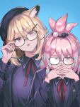  2girls animal_ear_fluff arknights black_nails blonde_hair blurry blurry_background glasses highres kirara_(arknights) looking_at_viewer memetaroh multiple_girls pink_hair pointy_ears purple_shirt shirt slit_pupils tongue tongue_out upper_body utage_(arknights) utage_(disguise)_(arknights) violet_eyes 