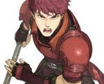  1boy english_commentary fingerless_gloves fire_emblem fire_emblem_echoes:_shadows_of_valentia gloves holding holding_polearm holding_weapon incoming_attack looking_at_viewer lukas_(fire_emblem) male_focus nenekantoku open_mouth polearm red_eyes redhead twitter_username weapon white_background 