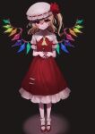  1girl ascot black_background blonde_hair buttons closed_mouth collared_shirt commentary_request crystal dress flandre_scarlet frills full_body hair_between_eyes hands_up hat hat_ribbon highres ichigo_mogu_15 looking_at_viewer mob_cap multicolored_wings one_side_up pinafore_dress puffy_short_sleeves puffy_sleeves red_dress red_eyes red_footwear red_ribbon ribbon shirt shoes short_hair short_sleeves simple_background sleeveless sleeveless_dress smile socks solo standing touhou white_headwear white_shirt white_socks wings yellow_ascot 