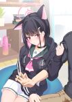  1boy 1girl animal_ears arm_hug black_choker black_hair black_hoodie black_shirt blue_archive blurry blurry_background blush book book_stack breasts brown_pants cat_ears choker closed_mouth colored_inner_hair commentary_request drawstring duuwa_(doluwa) extra_ears green_sailor_collar hair_ornament hairclip halo highres hood hood_down hoodie indoors kazusa_(blue_archive) large_breasts long_sleeves looking_at_another medium_hair multicolored_hair neckerchief pants pink_eyes pink_hair pink_halo pink_neckerchief pleated_skirt sailor_collar school_uniform shirt sitting skirt solo_focus white_skirt 