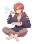  1boy amagi_hana barefoot blush brown_hair chopsticks eating ensemble_stars! food food_on_face full_body green_eyes hair_ornament hairclip highres holding holding_chopsticks holding_food hood hoodie indian_style long_hair long_sleeves male_focus noodles pants parted_bangs ponytail sitting smile solo translation_request tsukinaga_leo 