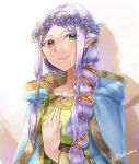  1girl cloak dragon_girl dress fire_emblem fire_emblem:_the_binding_blade fire_emblem_heroes flower gem gold_trim green_dress green_eyes green_gemstone hair_ornament hair_ribbon hand_on_own_chest head_wreath heterochromia highres idunn_(divine_demon)_(fire_emblem) light_persona long_hair looking_at_viewer mature_female official_alternate_costume official_alternate_hairstyle pointy_ears ponytail purple_gemstone purple_hair red_eyes ribbon shadow smile solo tsukimura_(d24f4z8j3t) upper_body 