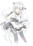  1girl alternate_costume animal_ears arknights black_thighhighs blush enmaided feet_out_of_frame garter_straps grey_eyes hair_ornament hairclip heart highres lappland_(arknights) long_hair looking_at_viewer maid messy_hair parted_lips sato_(lappysuki) scar scar_across_eye short_sleeves simple_background smile solo thigh-highs white_background 