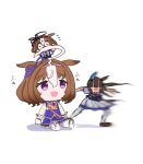  2girls admire_vega_(umamusume) ahoge animal_ears bow bowtie brown_footwear brown_hair chibi commentary doqute_stuffed_doll ear_covers glowing glowing_eyes highres horse_ears horse_girl horse_tail kannagi2001 loafers long_hair meisho_doto_(umamusume) motion_blur multiple_girls purple_bow purple_bowtie purple_serafuku purple_shirt sailor_collar sailor_shirt school_uniform serafuku shirt shoes short_hair simple_background single_ear_cover tail thigh-highs tracen_school_uniform umamusume white_background white_hair white_thighhighs 