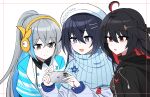  3girls :o black_hair black_jacket black_shirt blue_eyes blue_hair blue_jacket blue_scarf border cellphone character_request closed_mouth colored_inner_hair commentary english_commentary grey_eyes grey_hair hat highres holding holding_phone honkai_(series) honkai_impact_3rd jacket lix_(iroiro3843) multicolored_hair multiple_girls open_mouth parted_lips phone ponytail red_eyes redhead scarf shirt simple_background smile streaked_hair white_background white_headwear white_jacket 