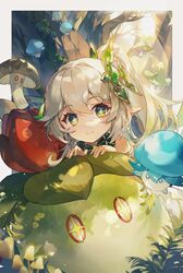  1girl artist_name bare_shoulders border braid commentary_request crown_braid detached_sleeves flower-shaped_pupils forest fungi_(genshin_impact) genshin_impact gradient_hair green_eyes hair_between_eyes hair_ornament highres kocir leaf_hair_ornament long_hair looking_at_viewer multicolored_hair mushroom nahida_(genshin_impact) nature outdoors peeking_out pointy_ears short_sleeves side_ponytail sidelocks slime_(genshin_impact) smile solo_focus sparkling_eyes streaked_hair symbol-shaped_pupils tree two-tone_hair white_border white_hair 