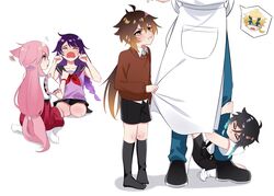  2girls 3boys alternate_costume aqua_eyes black_hair black_shorts black_skirt black_socks blonde_hair blue_pants blush braid brown_hair brown_sweater closed_eyes crying genshin_impact green_eyes koushuiba long_hair multiple_boys multiple_girls neckerchief overalls pants pink_hair purple_hair purple_shirt raiden_shogun red_neckerchief red_skirt shirt shorts skirt socks sweater tears thoma_(genshin_impact) twin_braids venti_(genshin_impact) yae_miko yellow_eyes zhongli_(genshin_impact) 