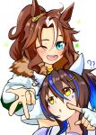  2girls ? ?? absurdres animal_ears banpunsik blue_eyes blue_hair brown_hair colored_inner_hair commentary_request cropped_jacket daitaku_helios_(umamusume) ear_covers ear_ornament ear_piercing fingerless_gloves fur-trimmed_jacket fur_trim gloves gyaru_w hair_between_eyes highres horse_ears horse_girl jacket long_hair long_sleeves medium_hair mejiro_palmer_(umamusume) multicolored_hair multiple_girls one_eye_closed open_mouth piercing ponytail shirt side_ponytail simple_background single_glove smile sparkle star_(symbol) streaked_hair umamusume upper_body w white_background white_gloves white_hair white_jacket yellow_eyes yellow_shirt 