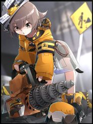  1girl arknights brown_eyes brown_hair cement_(arknights) drill hard_hat helmet highres jacket kakakaeru long_sleeves mole_(animal) orange_jacket power_drill short_hair standing 