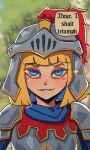  1girl armor basedbinkie blonde_hair blue_eyes blunt_bangs commentary english_commentary flayne_(basedbinkie) helmet highres looking_at_viewer meme nah_i&#039;d_win_(meme) original parted_lips pauldrons plume shoulder_armor smile solo speech_bubble upper_body visor_(armor) 