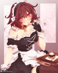  1girl aged_up alternate_costume apron bare_shoulders breasts brown_hair cake choker finger_to_mouth food frisk_(undertale) heart heart_choker highres large_breasts looking_at_viewer maid maid_apron maid_headdress nuvex red_eyes short_hair sitting solo thigh-highs underfell undertale 