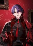  1boy absurdres ascot black_ascot cape chuntsui earrings gem gloves highres jewelry kenmochi_touya male_focus nijisanji parted_lips purple_hair red_cape red_eyes red_gemstone red_gloves single_earring solo virtual_youtuber 
