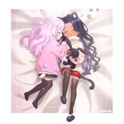  2girls absurdres animal_ears black_hair black_thighhighs cat_ears cat_girl cat_tail dark-skinned_female dark_skin edogawa_kigoro gradient_hair grey_hair hair_down highres long_hair maria_marionette multicolored_hair multiple_girls nijisanji nijisanji_en no_shoes pink_hair pleated_skirt purple_hair rabbit_ears rabbit_girl red_skirt scarle_yonaguni sir_ventrilo_(maria_marionette) skirt sleeping streaked_hair sweater tail thigh-highs turtleneck turtleneck_sweater virtual_youtuber wavy_hair white_sweater zzz 