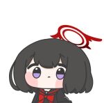  1girl black_hair black_serafuku black_shirt blue_archive blush_stickers bow bowtie chamsheol chibi closed_mouth halo long_sleeves looking_at_viewer mashiro_(blue_archive) medium_hair raised_eyebrows red_bow red_bowtie red_halo school_uniform serafuku shirt simple_background solo upper_body violet_eyes white_background winged_halo 